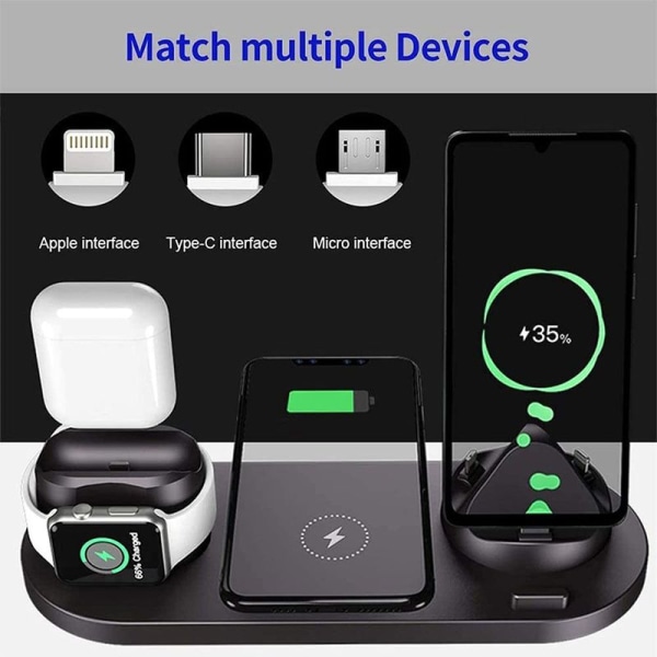 Trådløs oplader, 6 i 1 induktiv opladningsstation med 10W sort