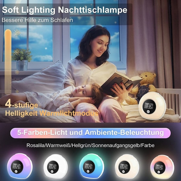 Wake Up Light Vækkeur - Vækkeur med Lys - Børnevækkeur med Bluetooth-højttaler