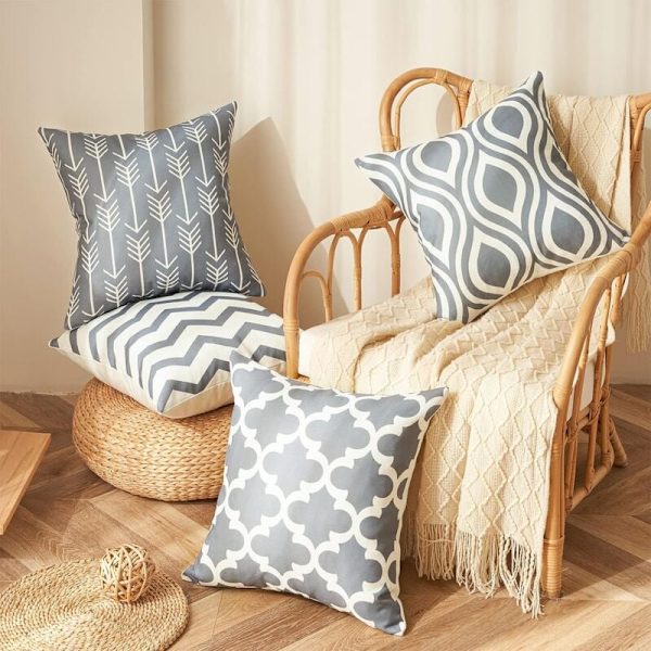 Set med 6 geometriske putetrekk 45 x 45 cm, Art Deco lin kasteputetrekk for utemøbler hage stue sofa bondehusdekor KLB
