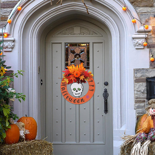 Halloween Door Decor Sadonkorjuukranssi, Ulkoseinän etuoven seppeleet Halloween-koristeet, Syksyn lehdet ja marjat Kotilämpölahjat