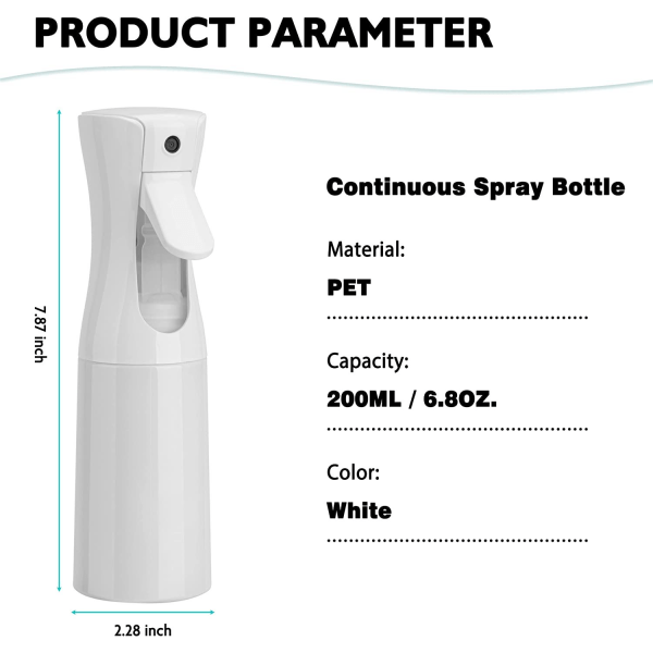 6,8 OZ/200 ML jatkuvatoiminen suihkepullo (valkoinen 2 pakkaus), hiuslakkapullo, hienosumuvesisuihkepullo salongiin, kampaamoihin, kasveihin, ihonhoitoon, siivoukseen