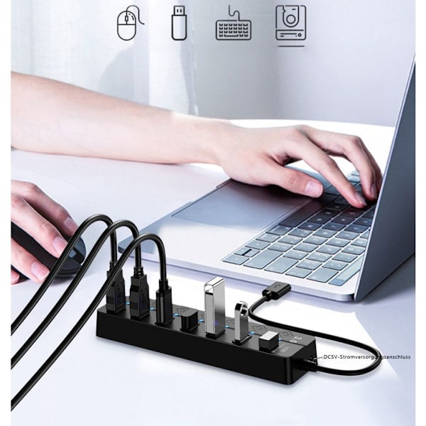 Aktiv 3.0 USB-hub med strømforsyning, 7 porte USB 3.0 Hub Aktiv datahub med KLB