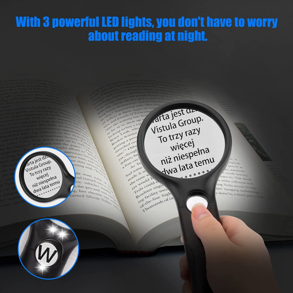 3 LED-valaistua suurennuslasia, 3x 45x suurennuslasia - 75 mm lukuvalolla lukemista, tarkastusta, harrastusta, kelloseppiä, kolikoita, koruja (musta) varten