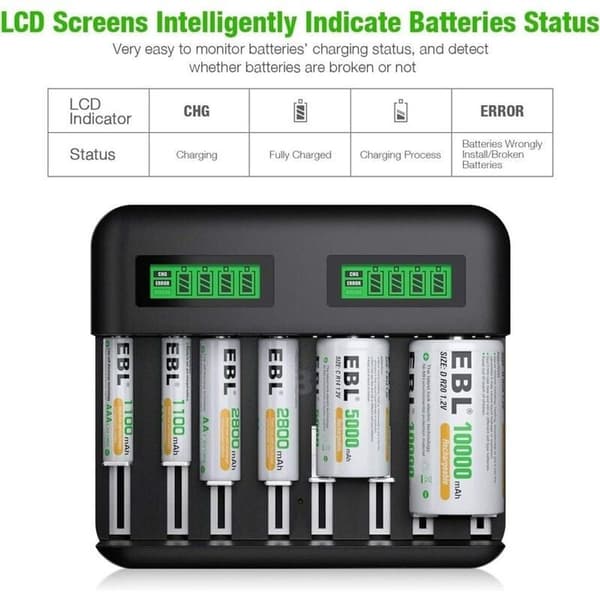 LCD universal batterioplader, AA/AAA Ni-MH batterier