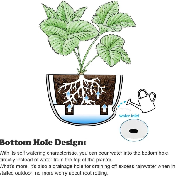 24CM Automatiske Vannings Blomsterpotter, Runde PP Plastplanter med Vanningshull