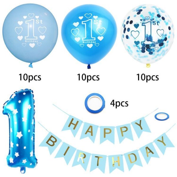 1-vuotiaan pojan syntymäpäiväkoristeet, 1-vuotiaan syntymäpäivän koristeet, sininen konfetti-ilmapallo, joka on yhteensopiva 1-vuotiaan lapsen syntymäpäivän kanssa. Hyvää syntymäpäivää