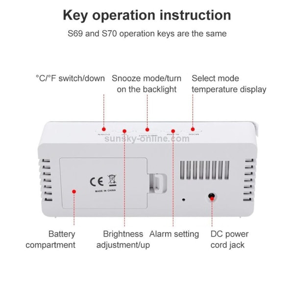 TS-S69-R Multifunktionell LED-väckarklocka Batteridriven Dubbel funktion Spegel Mak