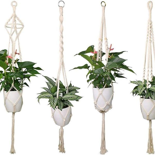 Set med 4 macramé hängande korgar, bomullsrep hängande korgar, blomkrukeväxter
