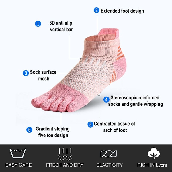 3 par fem-finger sokker korte rør løbestrømper pink KLB