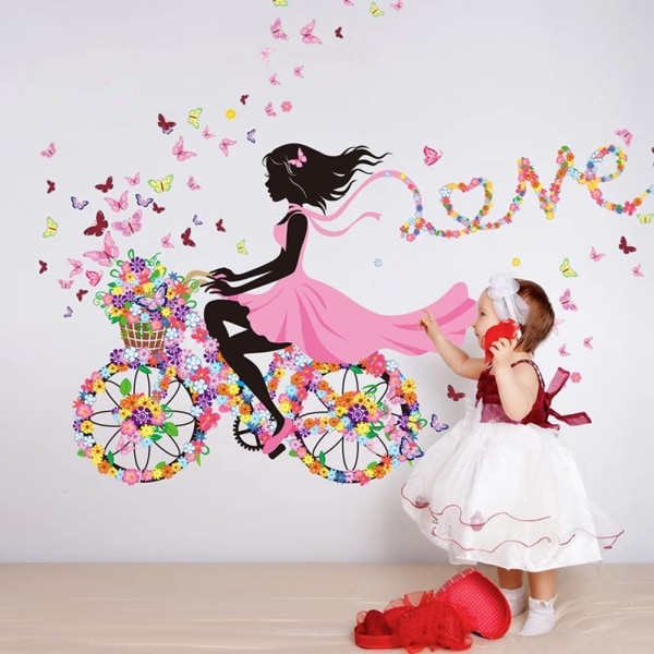 Romantisk rosa blomst sommerfugl Fairy Girl Riding a Flower Sykkel Avtakbare veggdekor klistremerker,Barn Baby Soverom Barnehage -