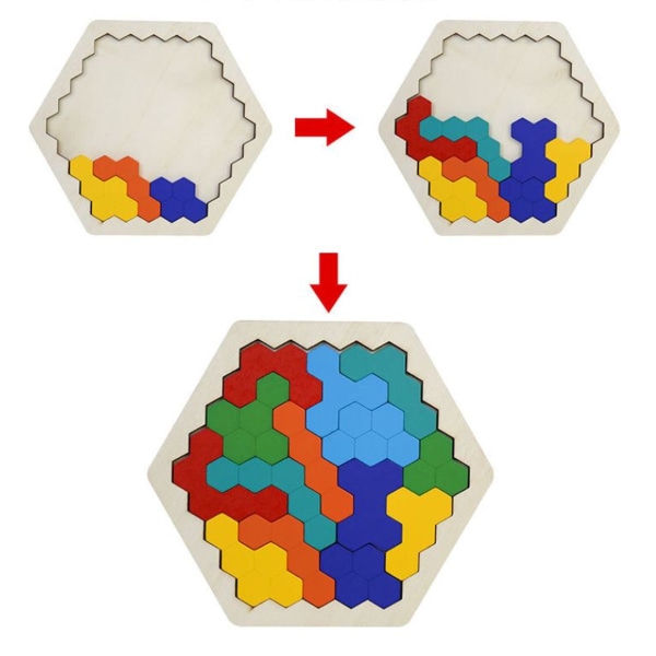 Trähexagonpussel - Formblock Tangram Hjärngymnastik Leksak Geometri KLB