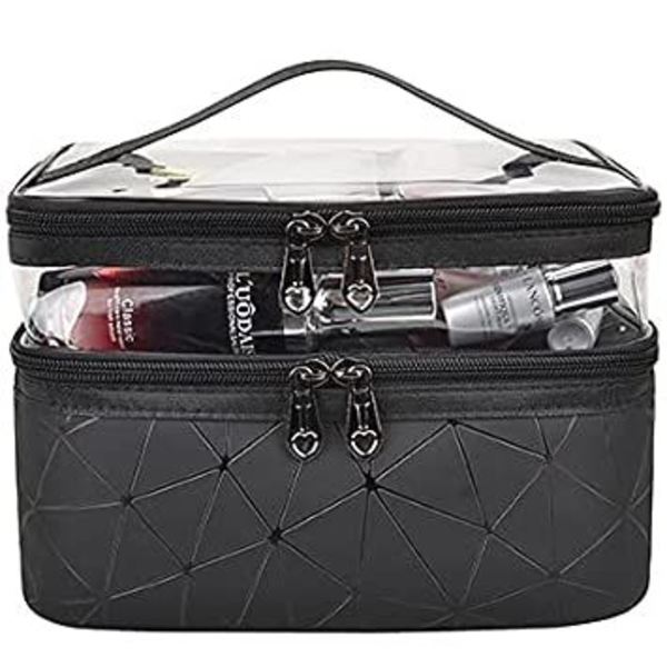 (Svart) Makeupväskor Dubbelskikts Resa Makeupväskor Makeup Organizer Toalettväskor