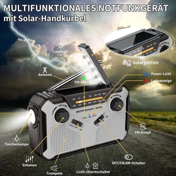 Solar Radio, AM/FM Portable Crank Radio, Dynamo Emergency Radio med 4000 mAh
