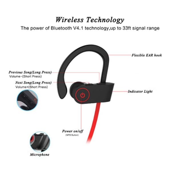 Bluetooth-hörlurar, IPX7 vattentäta hörlurar för sport, 8 röda