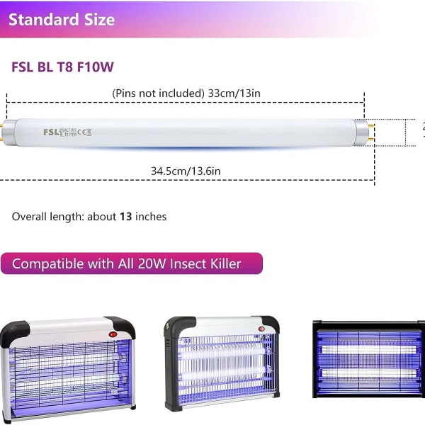 Insektbeskyttelse FSL T8 F10W BL erstatningslampe til myggedræberlampe, 34,5 cm UV-Rö KLB