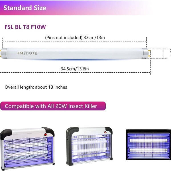 Insektbeskyttelse FSL T8 F10W BL erstatningslampe til myggestiklampe, 34,5 cm UV-rør KLB