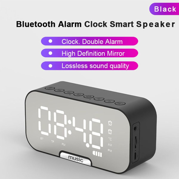 Langaton Bluetooth-kaiutin Peilikello Mini Herätyskello Musta