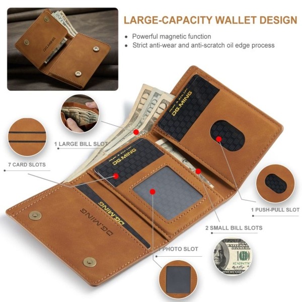 M1 Series Magnetic Tri-Fold plånbok (brun)