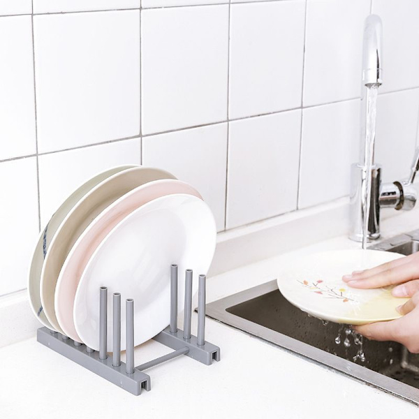 Bambubricka, diskställ, köksförvaring, grå