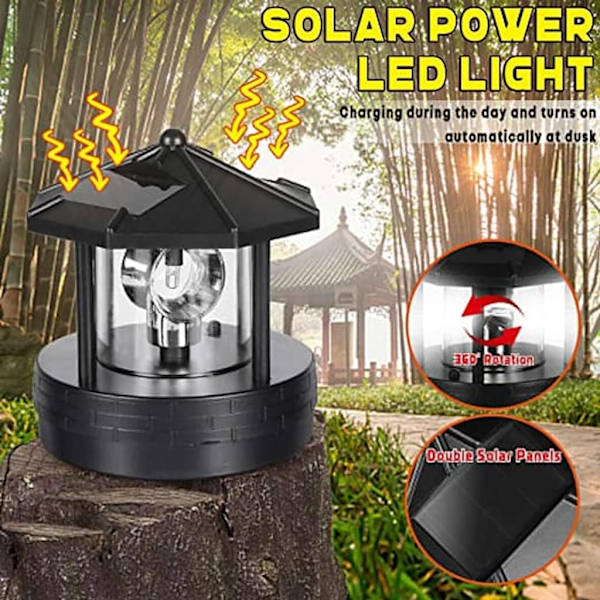 LED-solcellelys 360 graders roterende, LED-solcellelampe, vanntett fyrtårn for hagegårdsdekorasjon