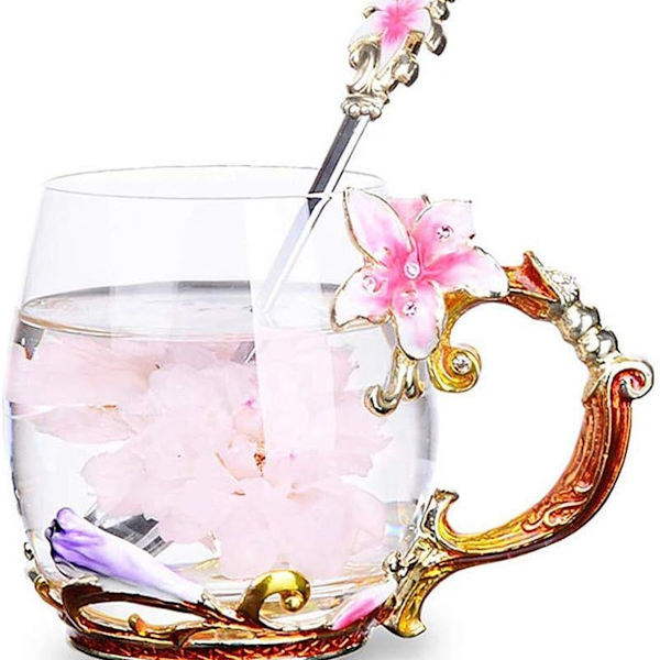 Emaljeret blomsterglas kaffekrus, tekopper med ske, bedst