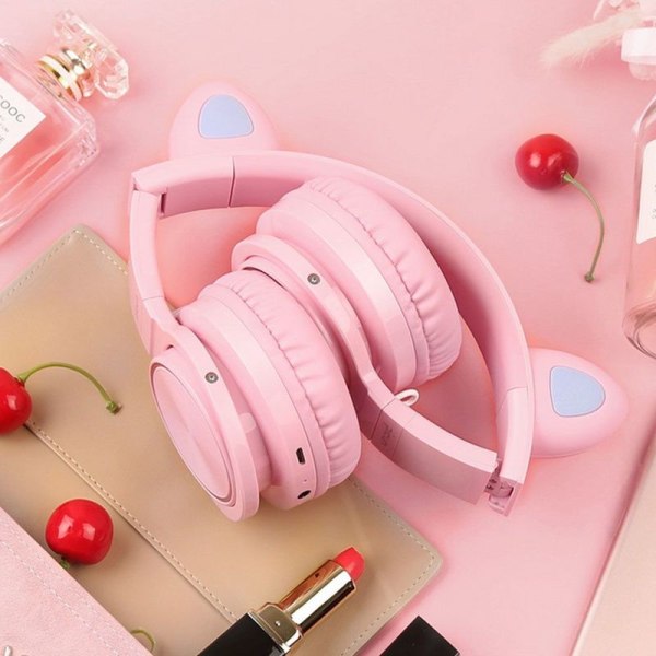 Bluetooth-hörlurar Kattöron LED Trådlös Hopvikbar Rosa