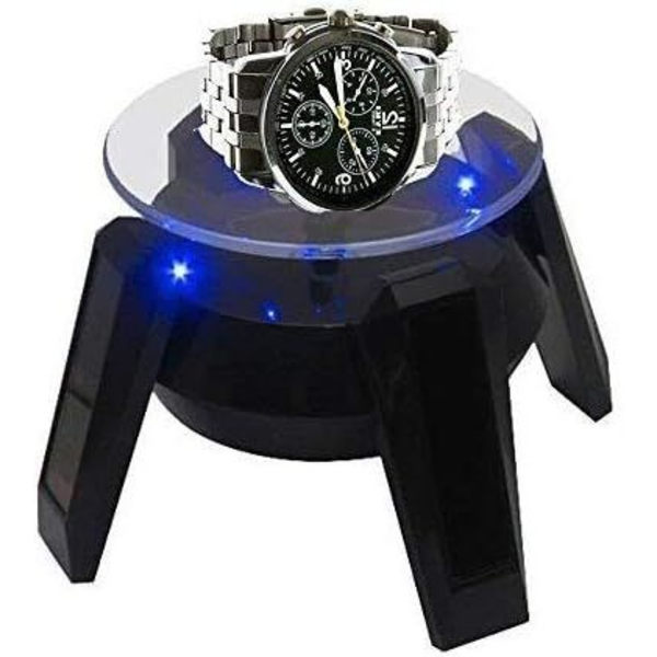 Solcelledrevet roterende smykkeplatform, roterende displaystand til smykker, telefon, ure, briller, med LED-lys, sort