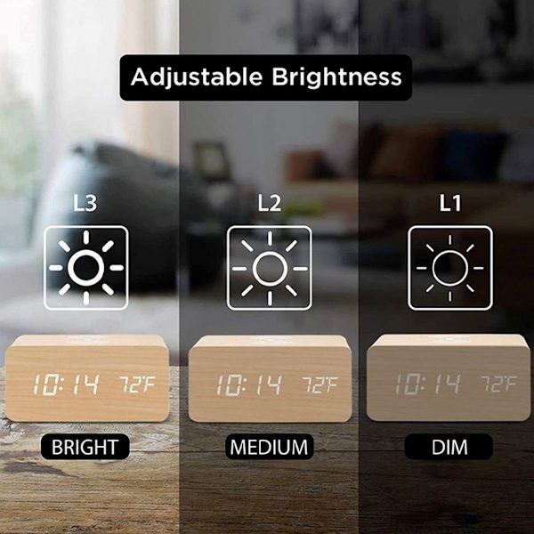 Puinen digitaalinen herätyskello langattomalla latauksella, 3 hälytystä, LED-bambu