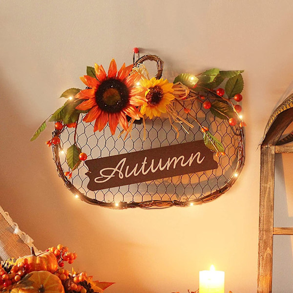 Konstgjord solroskrans, höstkrans med LED-ljus, höstskylt i trä, Thanksgiving-dekorationer, girlang för Halloween, hem- och bröllopsdekoration