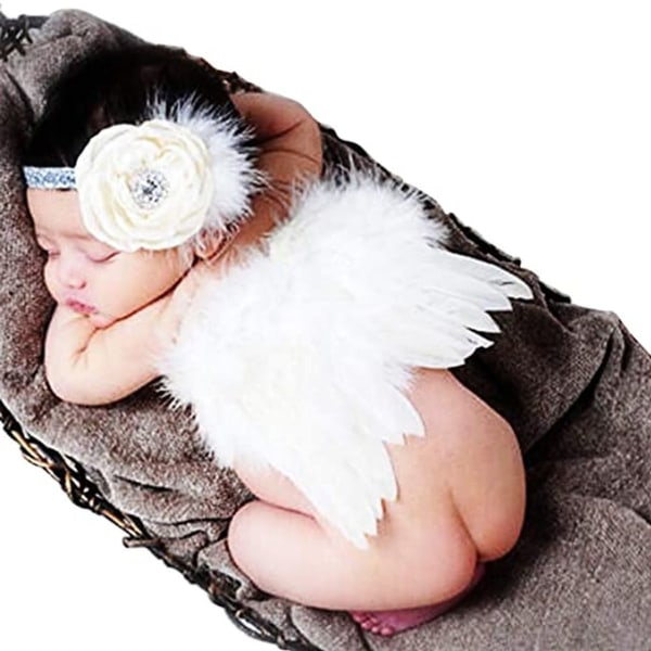 Baby fotorekvisitt kostyme englevinger fjærvinger perlehårbåndsett KLB