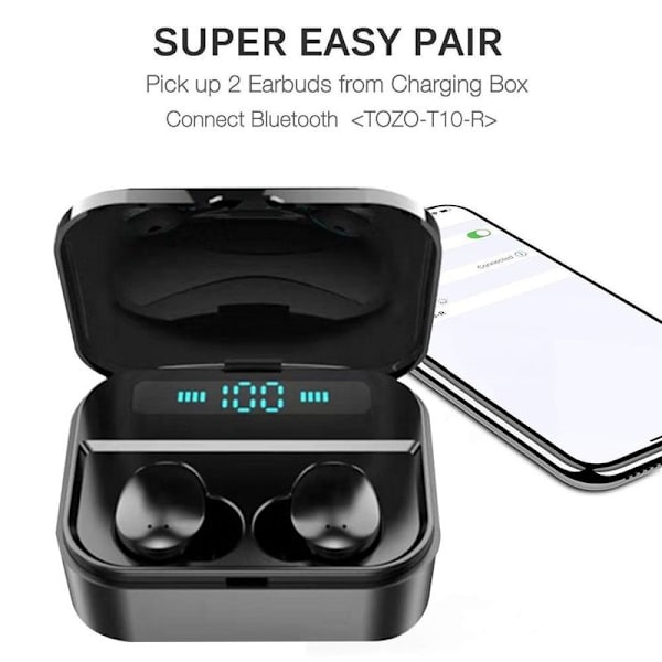 TWS Bluetooth 5.0 ørepropper True Wireless Stereo hodetelefoner Svart