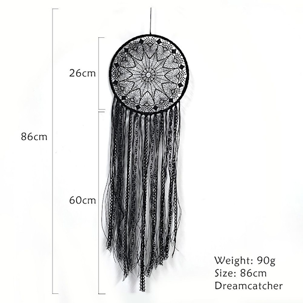 Håndlavet sort drømmefanger - Stor Boho drømmefanger med sort macrame - Vægdekoration til bil, bryllup, hjem, soveværelse,-