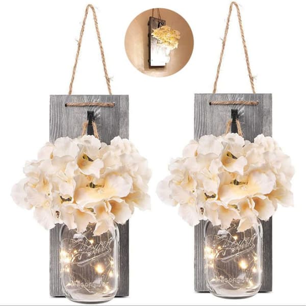 2 Rustikke Mason Jar String Lights, Silke Hortensiaer og LED String Lights KLB