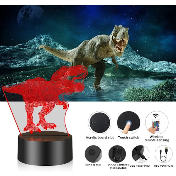 3D Dinosaur Natlampe, LED Strip 3D Illusion Lys Dinosaur Gave 16 Farver