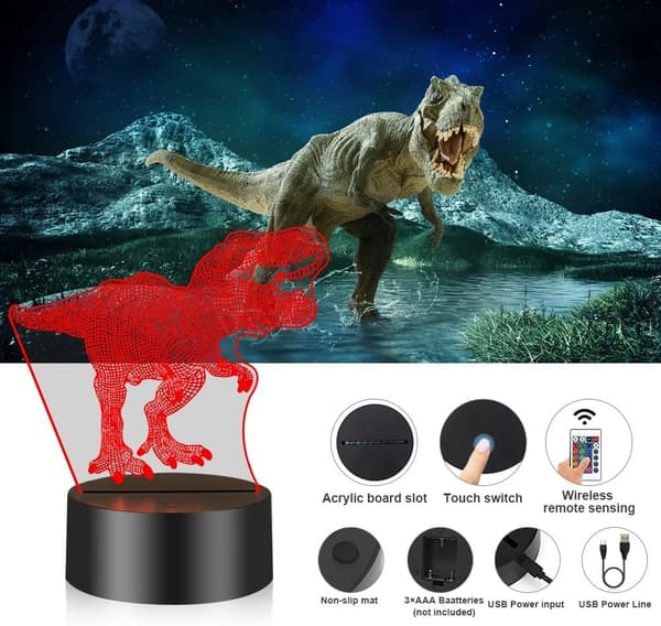 3D Dinosaur nattlys, LED-stripe 3D Illusion Light Dinosaur Gave 16 farger