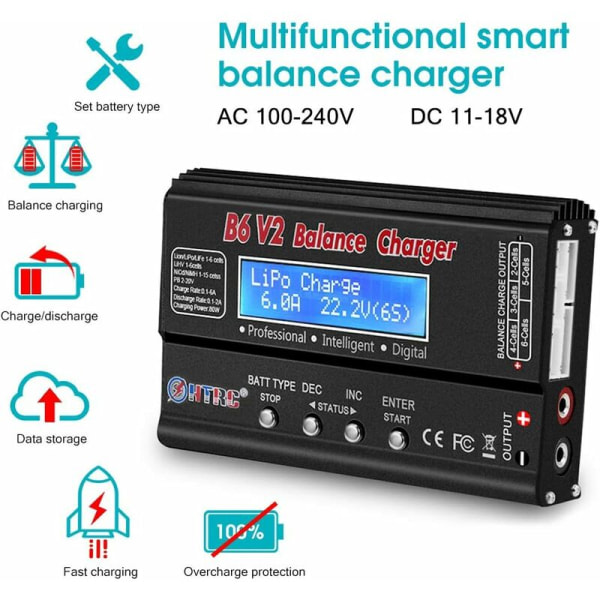 HTRC B6V2 Lithium-ion-oplader Sort 80W 6A, 1S-6S digital oplader, Til Lipo/Li-ion/LiFe/NiCd/NiMH/LiHV/PB Smart Rc Bilbatteri KLB