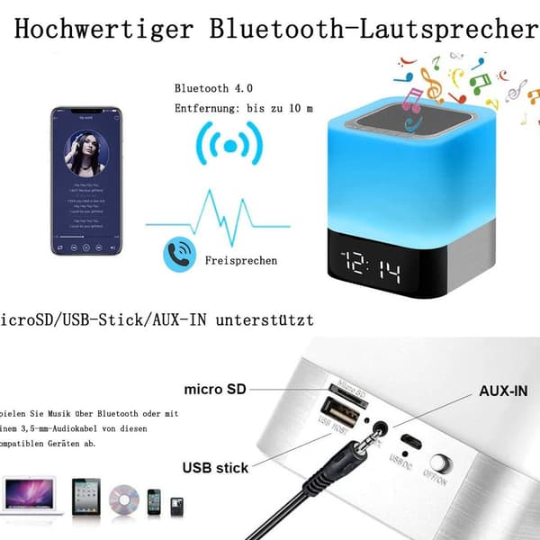 Senglampe med vækkeur, Bluetooth-højttaler, natlys, KLB
