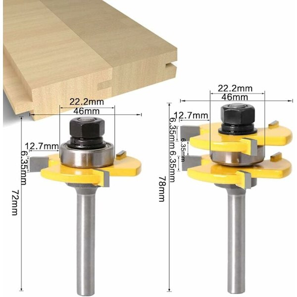 8MM skaft matchade not och spont frässkär set 3 tänder T form träskärare trimning träbearbetning verktyg KLB