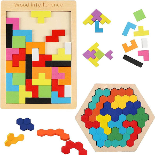 2 stk. Montessori Legetøj Træ Tangram Puslespil Sæt Pædagogisk Legetøj KLB