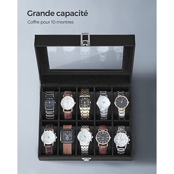 Watch Box with 10 Slots,Watch Case with Glass Lid,Watch Display Box with Removable Watch Cushions,Metal Clasp,Gift Idea,Black PU Leather