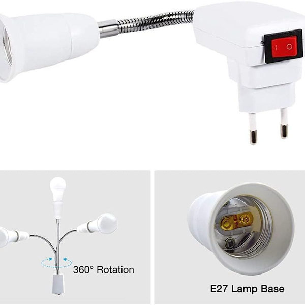E27-lampeholder med bryter (EU-plugg), leselampe med fleksibel hals,