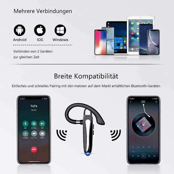 Bluetooth headset med mikrofon, håndfri trådløst headset, mobiltelefon in-ear med