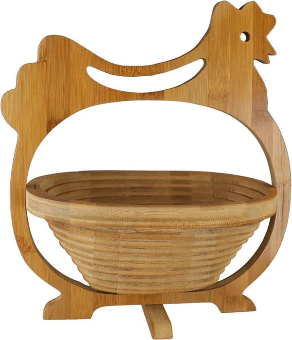 Fällbar korg i bambu, fruktkorg, dekorativ fruktskål, hopfällbar träkorg (kycklingdesign)