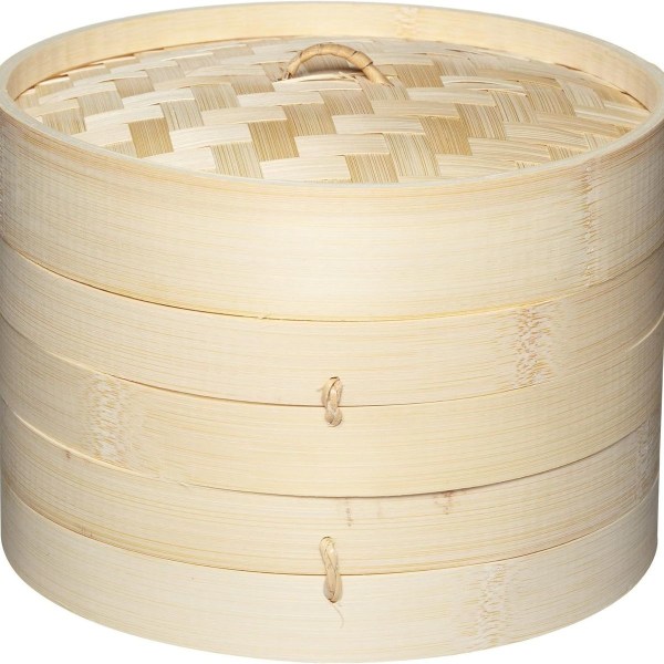 Puhdas itämainen bambu-höyrytyskori, jossa on 2 tasoa, mukaan lukien kansi KLB