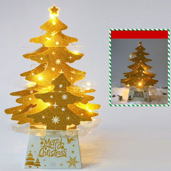 Julepynt, mini skrivebords julekort ornament, gyldent varmt lys KLB