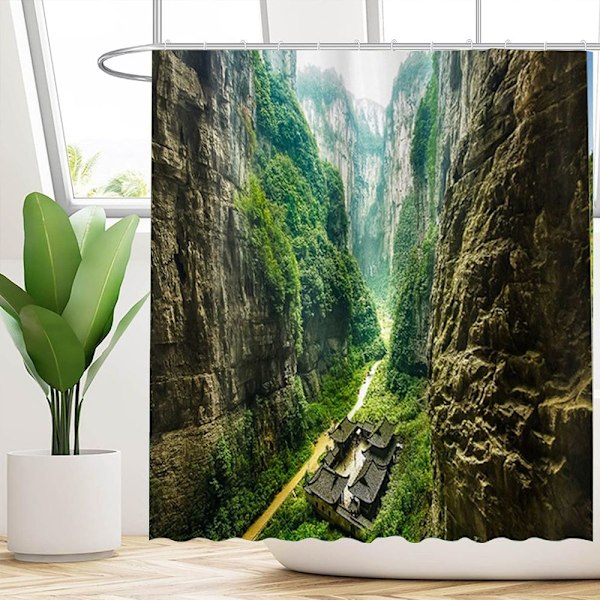 70x78 Bergsskog Landskap Teal Duschdraperi för Badrum Set Grön Dimmig