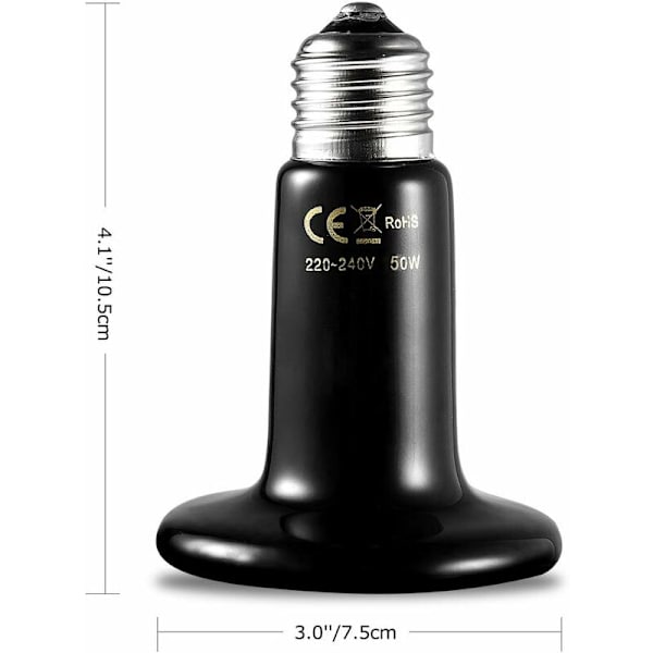 50W Keramisk Reptil Pet Varmelampe E27 Pet Varme Emitter til Reptiler Skildpadde, Firben, Slange, Edderkop, AC220V KLB