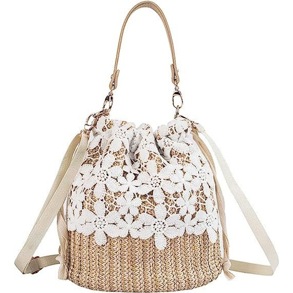 Blommor Halm Väska Crossbody Väska Korg Väska Kvinnor Flickor Dragsko Spets Vävd Handväska Sommar Rotting Strandväska Boho Semester Hink