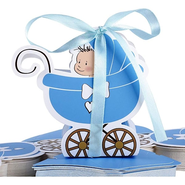 50 st blå doplådor baby barnvagn form papper och band låda presentask med pojke flicka bordsdekoration för baby S-