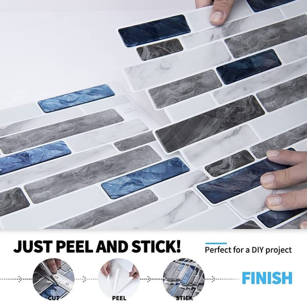 10 ark blå marmor design selvklæbende backsplash fliser, 12 tommer x 12 tommer